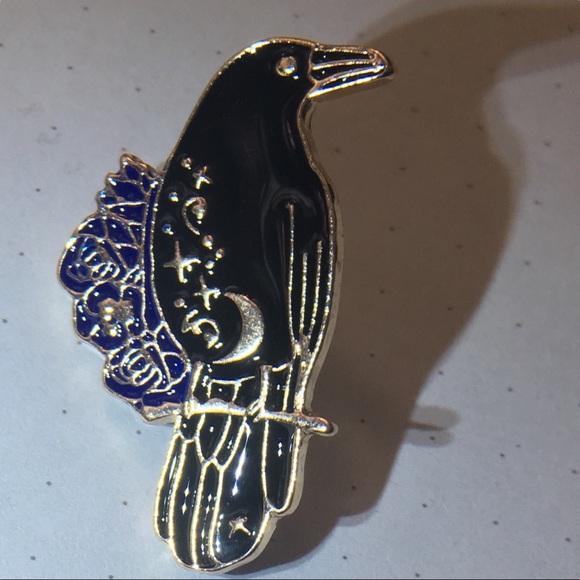 Floral Raven blue & black enamel & metal bird pin - Picture 3 of 7